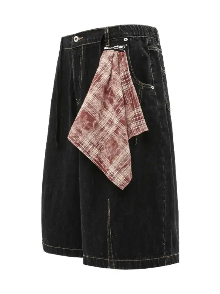 Men's Wide-Leg Denim Shorts with Plaid Accent