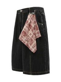 Men's Wide-Leg Denim Shorts with Plaid Accent