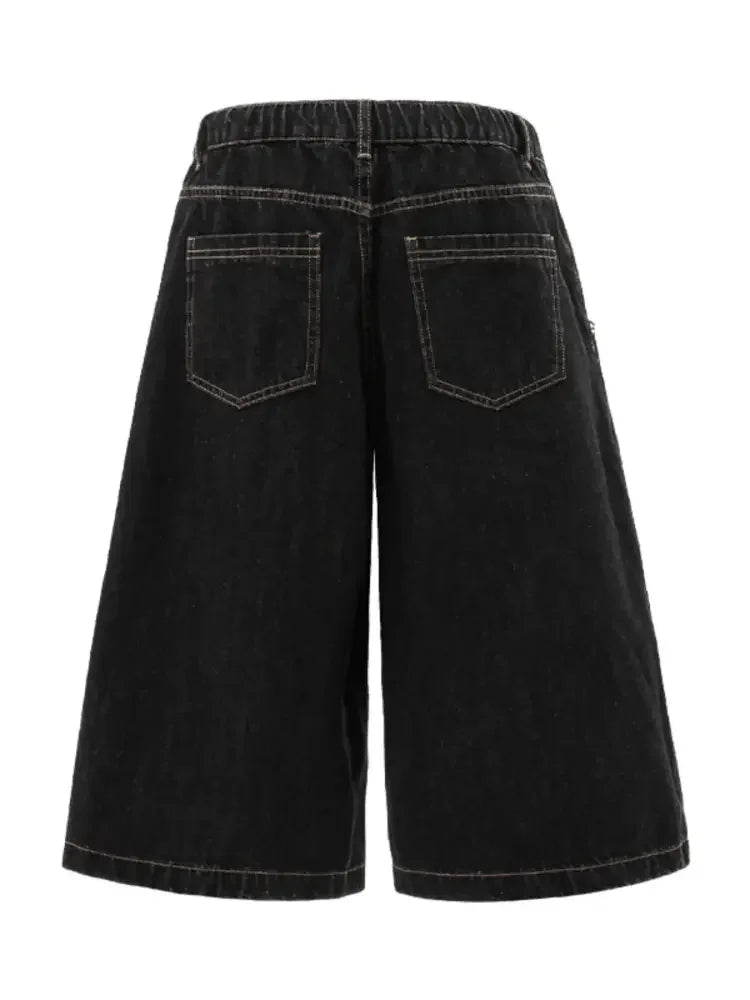 Men's Wide-Leg Denim Shorts with Plaid Accent