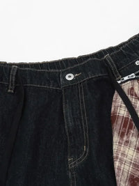 Men's Wide-Leg Denim Shorts with Plaid Accent