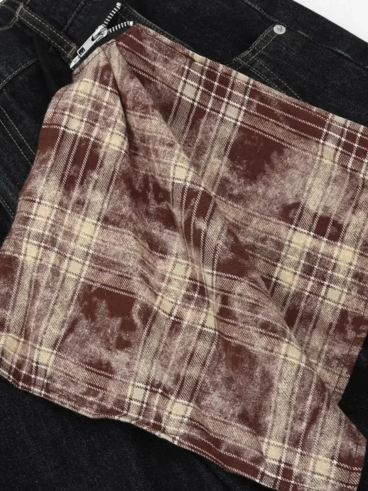 Men's Wide-Leg Denim Shorts with Plaid Accent