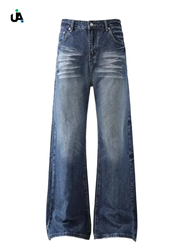 Blue denim wide leg high waist jeans with distressed wash for men’s fashion