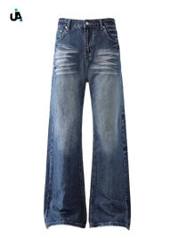 Blue denim wide leg high waist jeans with distressed wash for men’s fashion