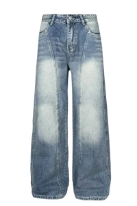 Blue denim wide leg jeans with faded panels and visible seams for Men’s wide leg jeans