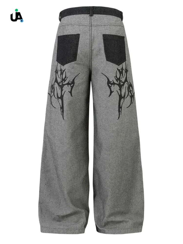 Gray wide leg jeans with black tribal graphics and back pockets for men’s wide leg jeans