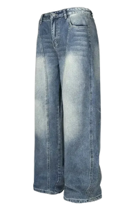Blue high-waisted wide leg jeans with faded wash and visible seams for Men’s Wide Leg Jeans