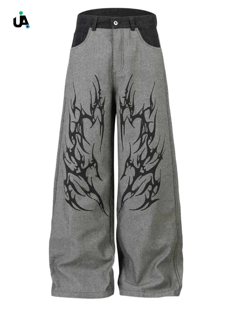 Gray wide leg jeans with black tribal-style graphics for Men’s Wide Leg Jeans collection