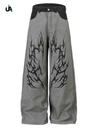Gray wide leg jeans with black tribal-style graphics for Men’s Wide Leg Jeans collection