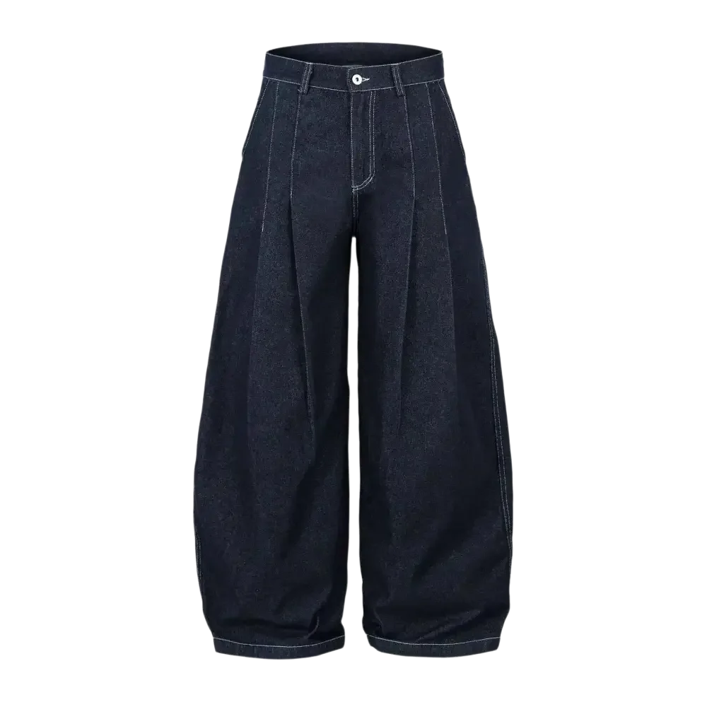 Dark blue pleated wide leg jeans with white stitching, stylish wide leg denim trousers