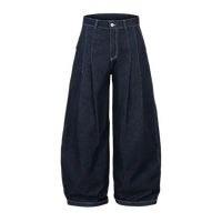 Dark blue pleated wide leg jeans with white stitching, stylish wide leg denim trousers