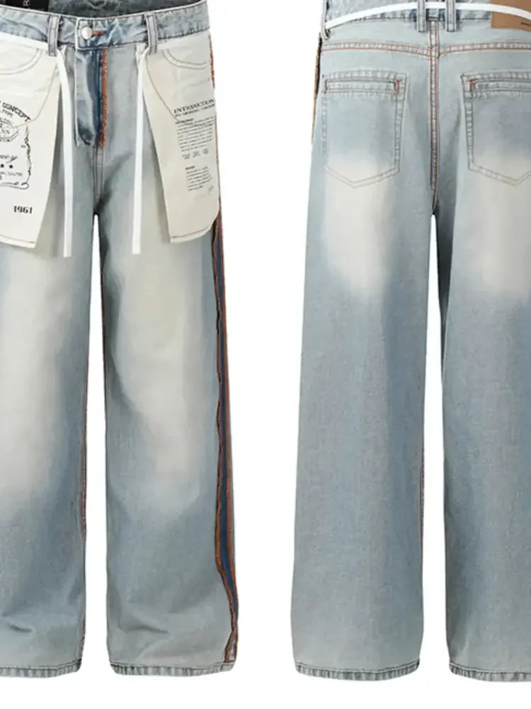 Men's Wide-Leg Jeans with Contrast Side Stripes and Decorative Patches