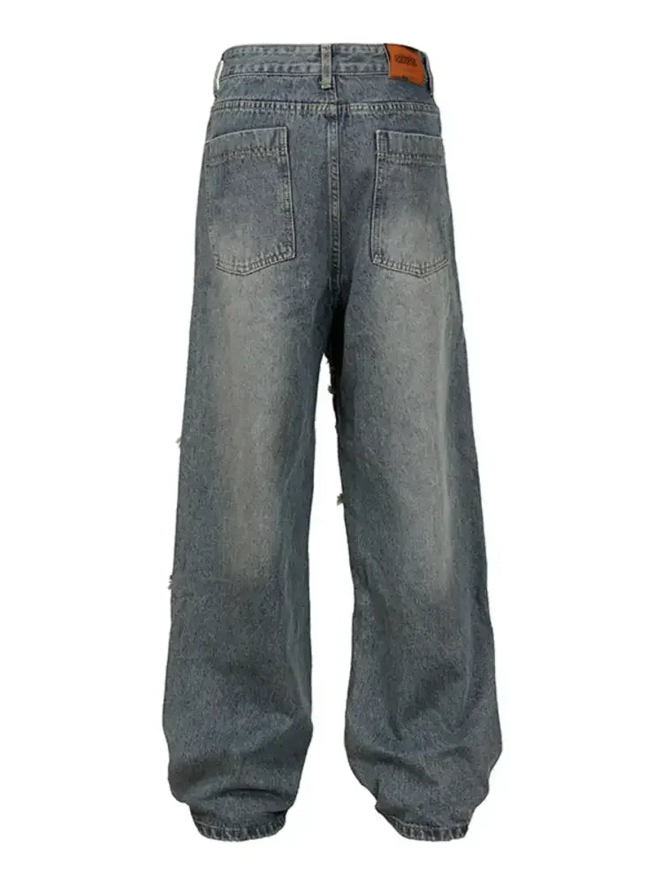 Men's Wide Leg Jeans with Frayed Seam Details