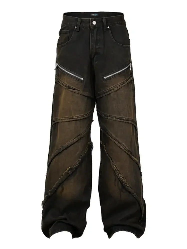 Men's Wide Leg Jeans with Frayed Seam Details