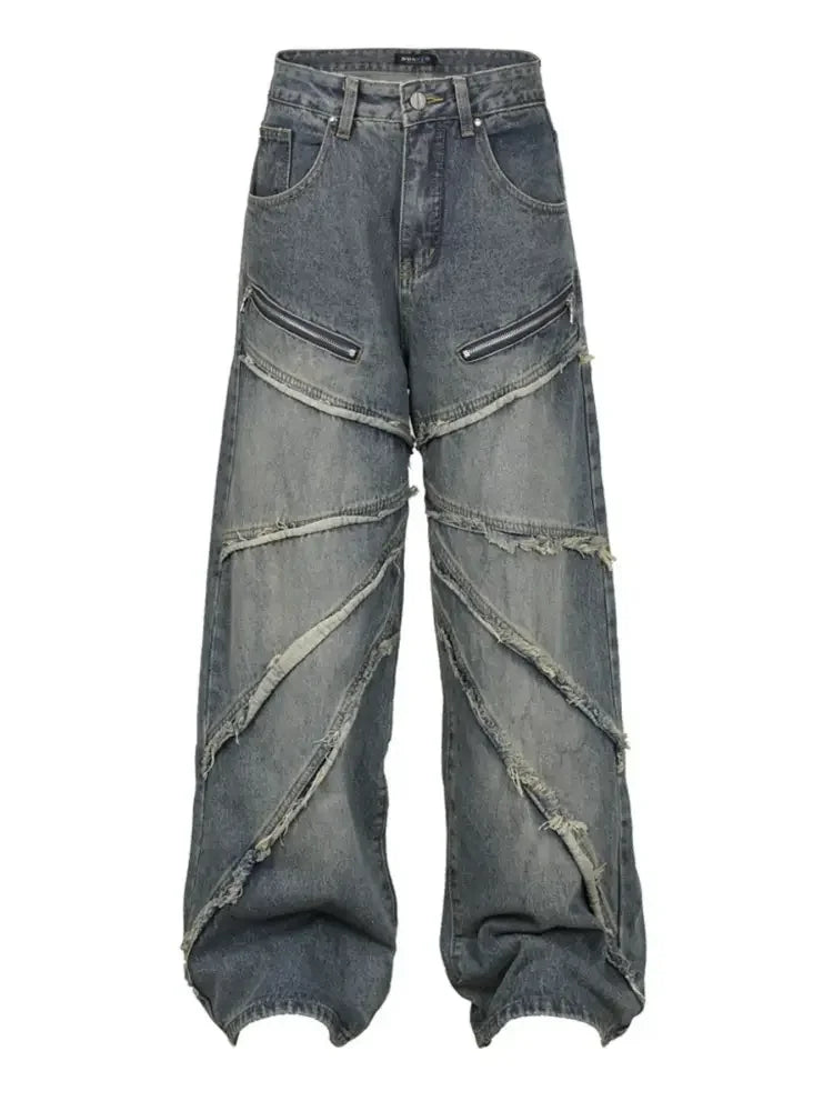 Men's Wide Leg Jeans with Frayed Seam Details