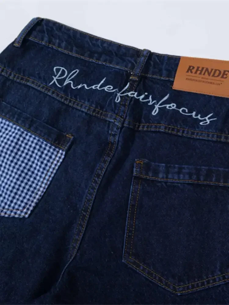 Men's Wide Leg Plaid Hem Jeans