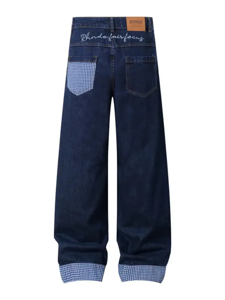 Men's Wide Leg Plaid Hem Jeans