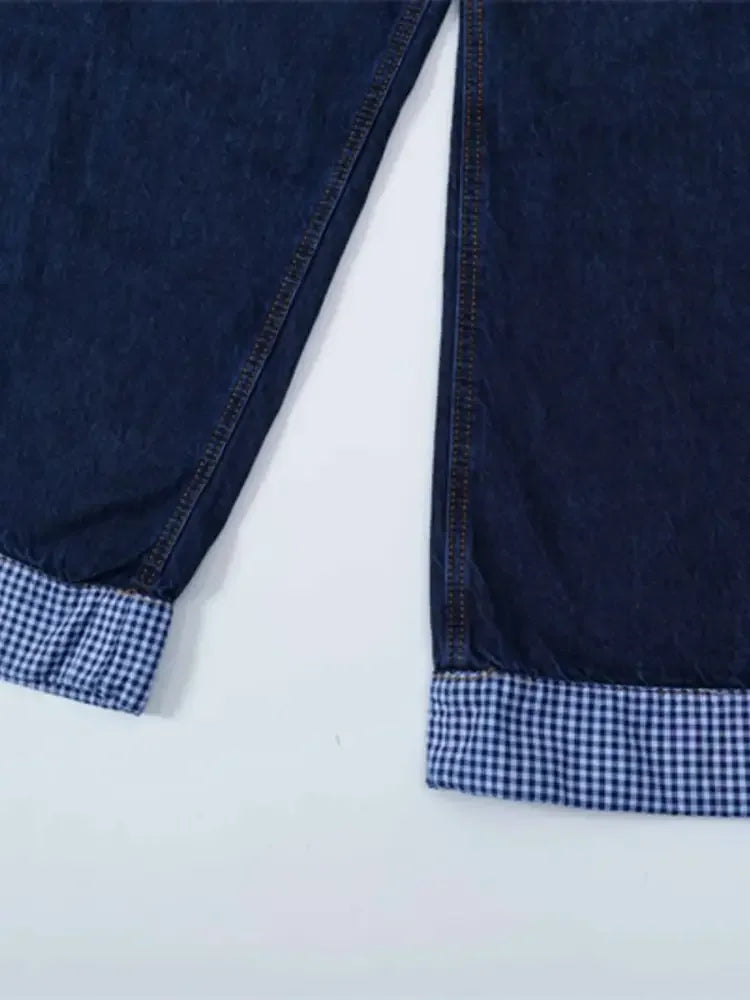 Men's Wide Leg Plaid Hem Jeans