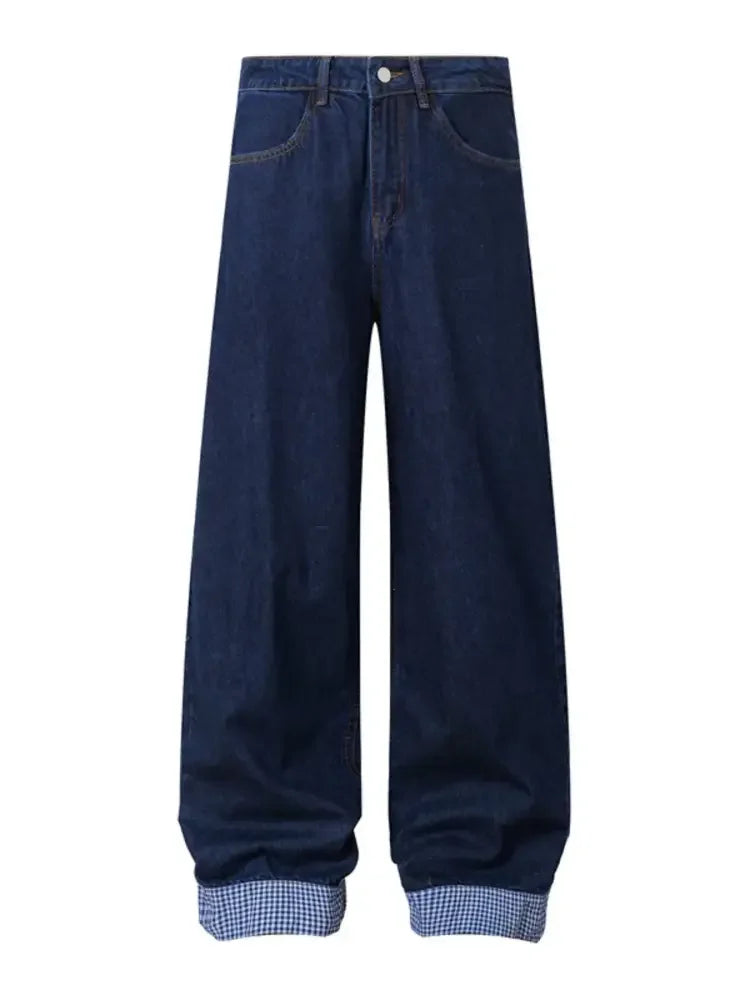 Men's Wide Leg Plaid Hem Jeans