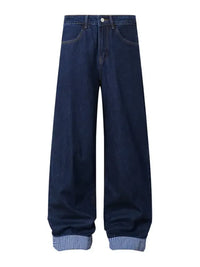 Men's Wide Leg Plaid Hem Jeans