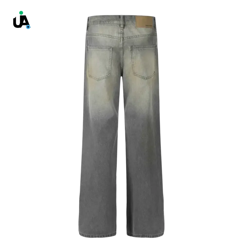 Distressed gray ombre wide leg pocketed jeans for men, stylish wide leg pocketed denim