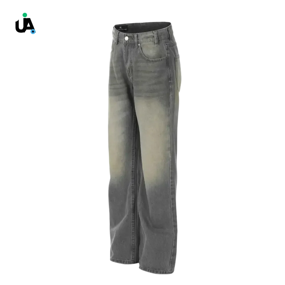 Men’s wide leg pocketed acid-wash gray denim jeans with button and zipper closure