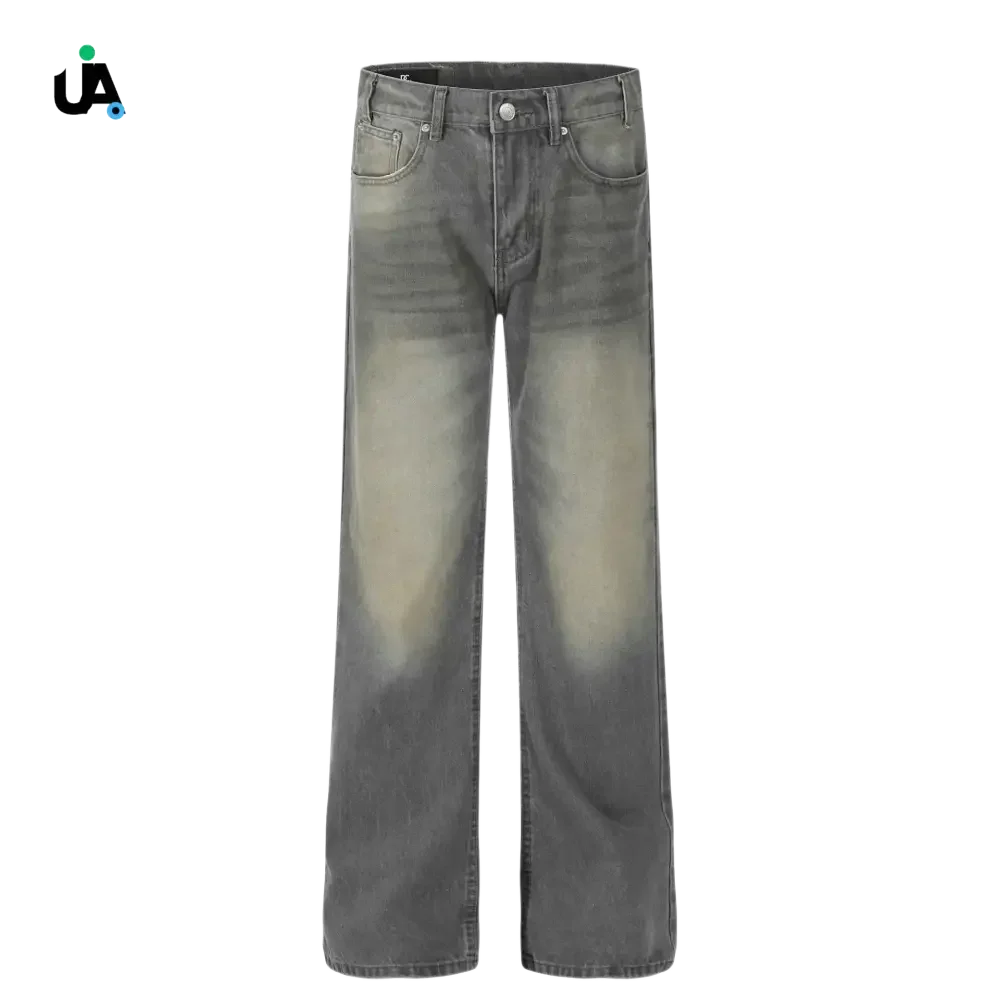 Washed gray men’s wide leg pocketed denim jeans showcasing modern wide leg design