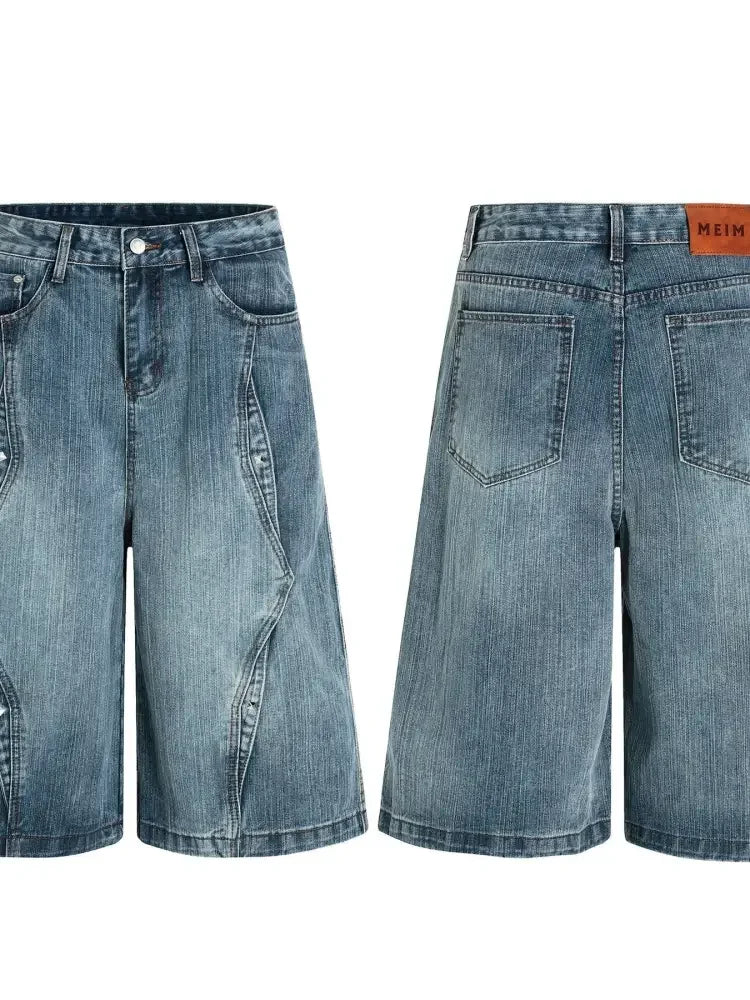 Men's Wide Leg Vintage Washed Denim Shorts