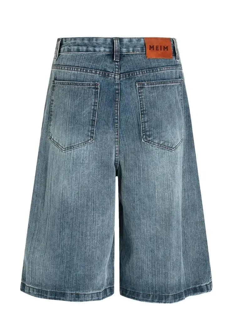 Men's Wide Leg Vintage Washed Denim Shorts