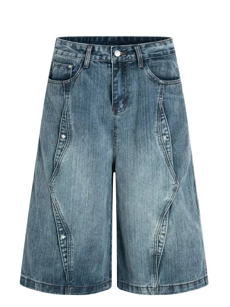 Men's Wide Leg Vintage Washed Denim Shorts