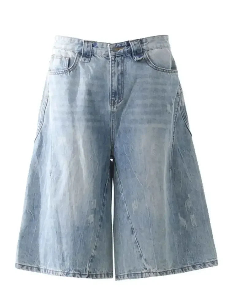 Men's Wide Leg Wash Denim Shorts