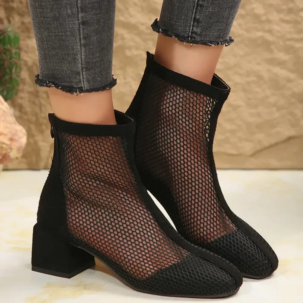 Mesh Block Heel Boots