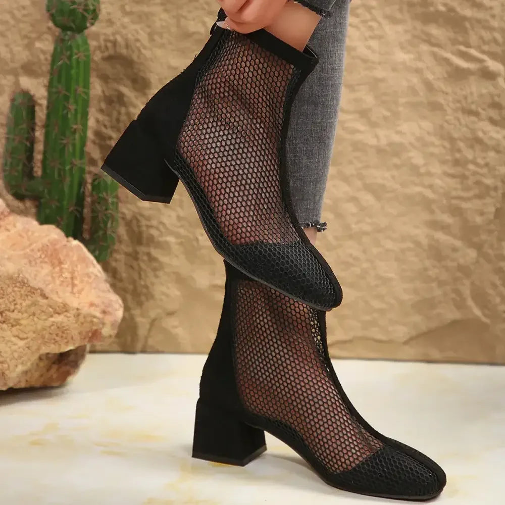 Mesh Block Heel Boots