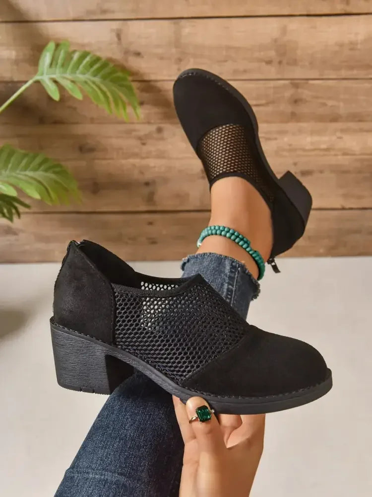 Mesh Panel Block Heel Pumps