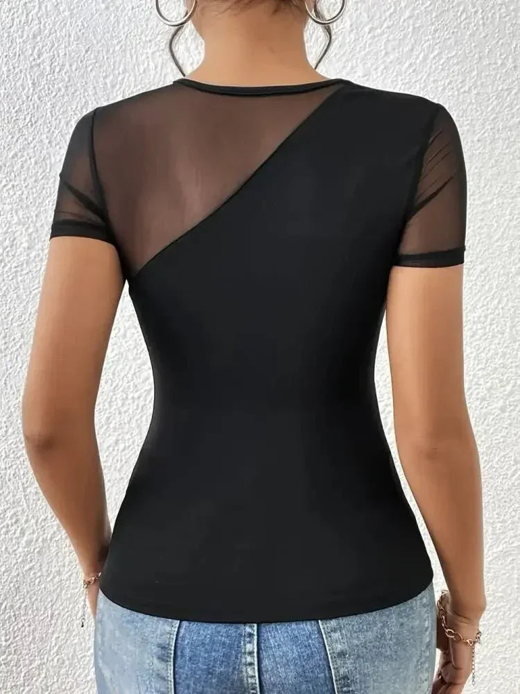 Mesh Patchwork Round Neck Short Sleeve Top - Update AvenueTrendsi1001003396600641001003396600644465be8d - aa87 - 4c0e - 96f7 - 8eb99ce54a52 - MaxBlack