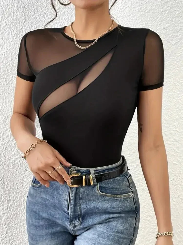 Mesh Patchwork Round Neck Short Sleeve Top - Update AvenueTrendsi10010033966006410010033966006439eece05 - 9800 - 4c0a - 8770 - 139a03ebb1f1 - MaxBlack