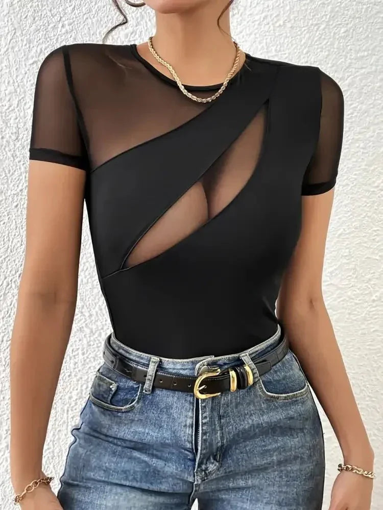Mesh Patchwork Round Neck Short Sleeve Top - Update AvenueTrendsi10010033966006410010033966006411e9cdac - e42c - 49ce - b1db - 2953bd1e061b - MaxBlack
