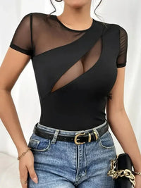 Mesh Patchwork Round Neck Short Sleeve Top - Update AvenueTrendsi1001003396600641001003396600643036a47b - 8832 - 435d - 88de - ce9f55c18aac - MaxBlack