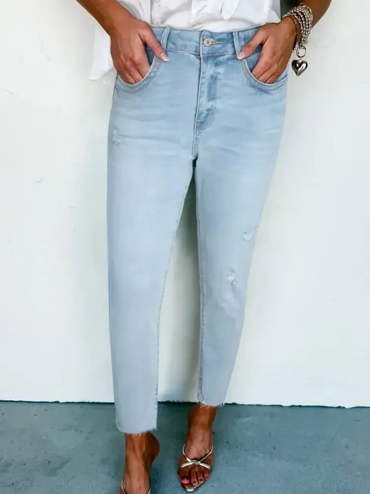 Mid Rise Ankle-Length Distressed Skinny Jeans