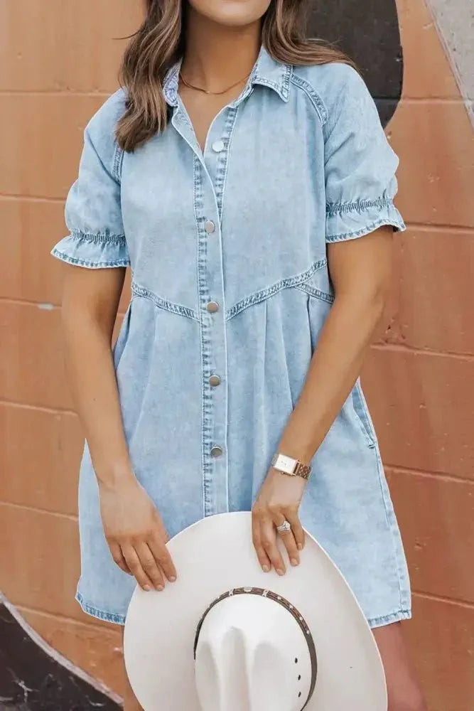 Mineral Wash Ruffle Sleeve Denim Dress - Update AvenueDenim Dresses & SkirtsTrendsi10010066498051210010066498051282352249 - f55e - 4481 - ad95 - 34a9839a46b0 - Max - OriginLight Blue