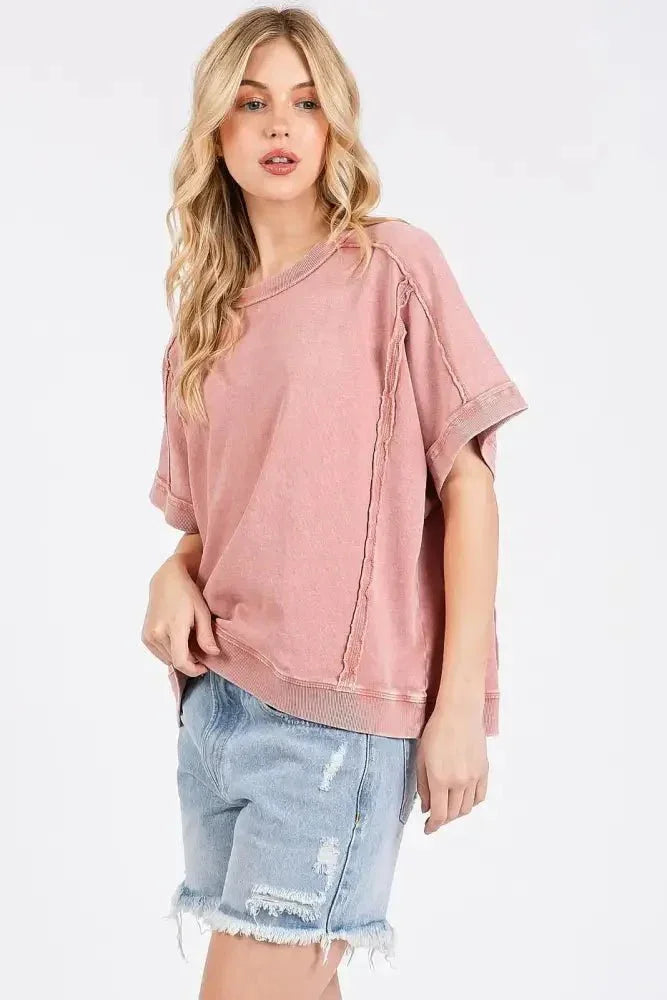 Mittoshop Mineral Wash French Terry Crew Neck Casual Top - Update AvenueT-ShirtsTrendsi10010014858174910010014858174900ba0dc617224012a74c2c191e70f9f1 - Max - OriginANTIQUE PINK