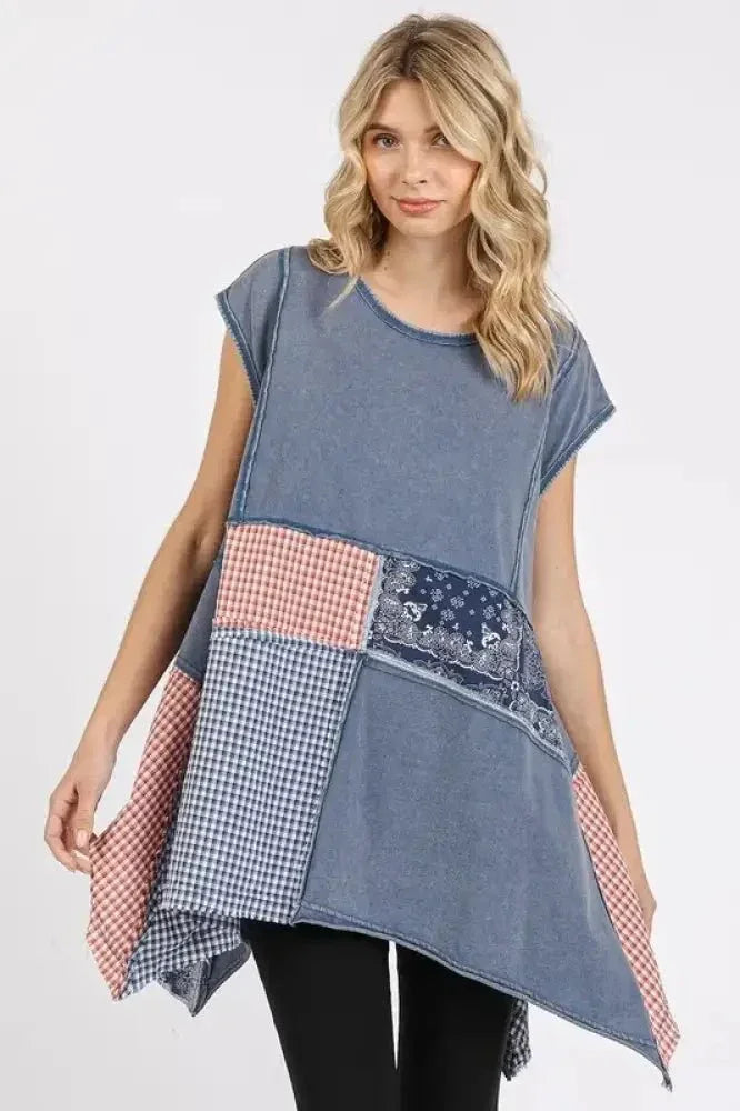 Mittoshop Patchwork Mineral Washed Round Neck Cap Sleeve Top - Update AvenueFestival VibesTrendsi10010056426112210010056426112240b89871 - e0fa - 4fa0 - 9cc2 - f6473414ac91 - MaxNAVY
