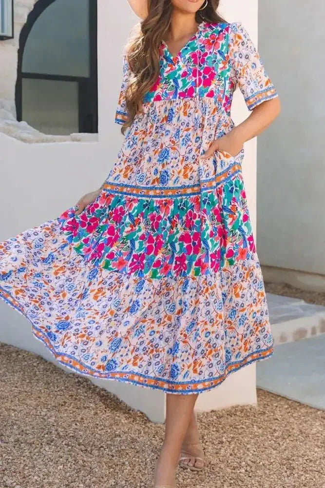 Mixed Floral Print Tie Neck Short Sleeve Dress - Update AvenueEffortless Elegance: DressesTrendsi1001004028552251001004028552259daa4237 - 59f3 - 40d9 - 97cf - b361a455bb06 - MaxFloral