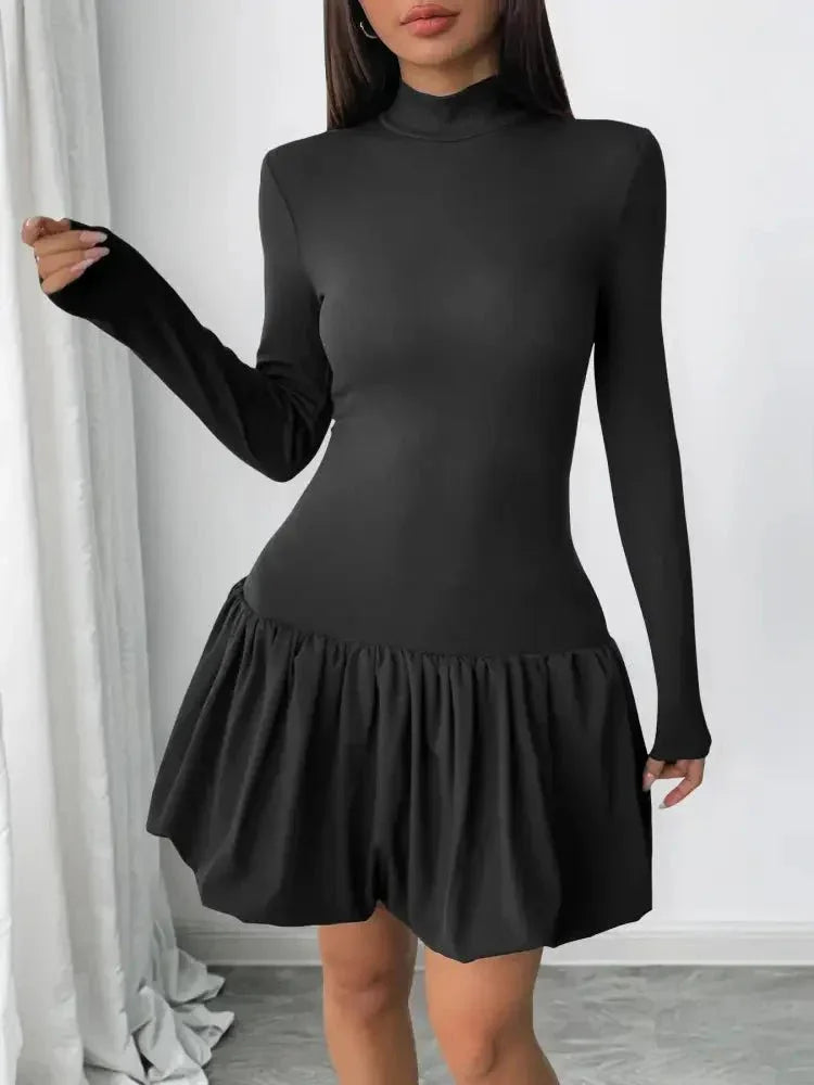 Mock Neck Long Sleeve Bubble Hem Dress - Update AvenueCasual DressesTrendsi100100467881667100100467881667Mock Neck Long Sleeve Bubble Hem DressBlack