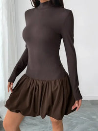 Mock Neck Long Sleeve Bubble Hem Dress - Update AvenueCasual DressesTrendsi100100467885332100100467885332Mock Neck Long Sleeve Bubble Hem DressBrown