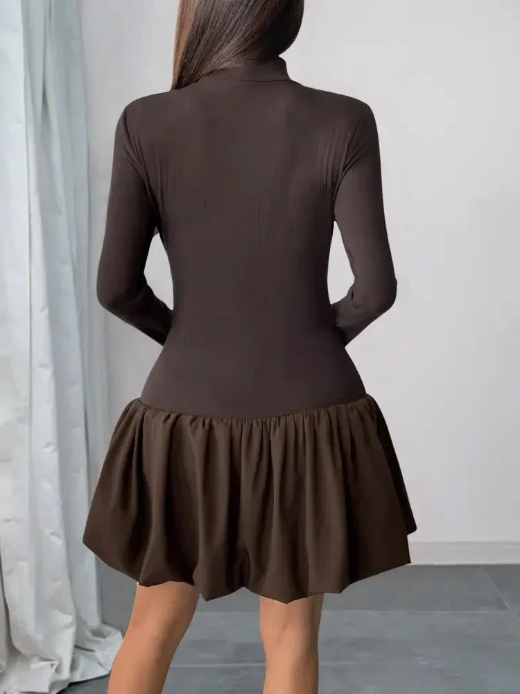 Mock Neck Long Sleeve Bubble Hem Dress - Update AvenueCasual DressesTrendsi100100467885332100100467885332Mock Neck Long Sleeve Bubble Hem DressBrown