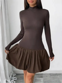 Mock Neck Long Sleeve Bubble Hem Dress - Update AvenueCasual DressesTrendsi100100467885332100100467885332Mock Neck Long Sleeve Bubble Hem DressBrown