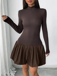 Mock Neck Long Sleeve Bubble Hem Dress - Update AvenueCasual DressesTrendsi100100467885332100100467885332Mock Neck Long Sleeve Bubble Hem DressBrown