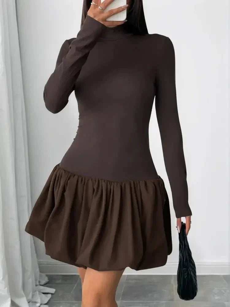 Mock Neck Long Sleeve Bubble Hem Dress - Update AvenueCasual DressesTrendsi100100467885332100100467885332Mock Neck Long Sleeve Bubble Hem DressBrown