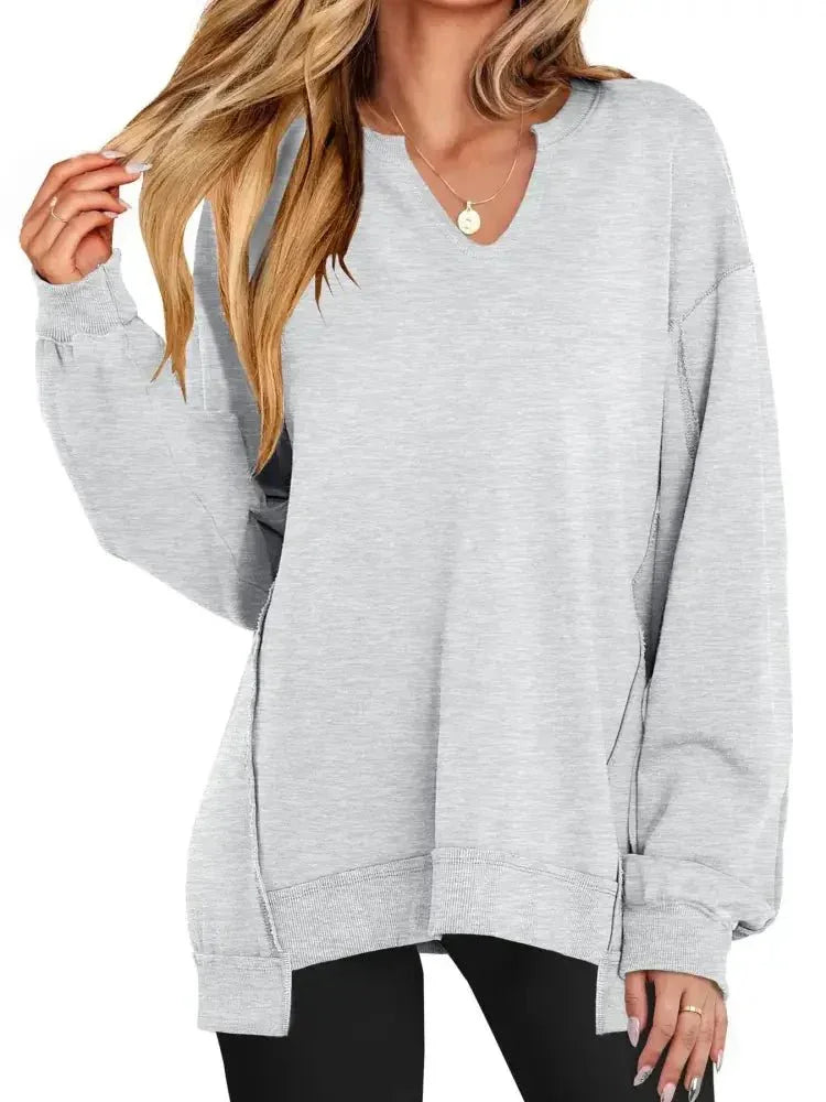Notched Long Sleeve Oversized Sweatshirt - Update AvenueDaily EssentialsTrendsi100100440872629100100440872629d83c5d2a0e974a2cafad5685e6aca349 - Max - OriginLight Gray