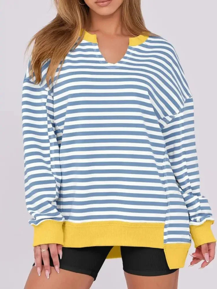 Notched Long Sleeve Oversized Sweatshirt - Update AvenueDaily EssentialsTrendsi1001004408750141001004408750146ae355eb - 836a - 41a1 - 9604 - 25eacf57ff5b - Max - OriginLight Blue Stripes